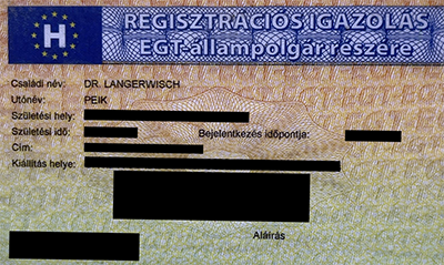 registration card Regisztracios Kartya